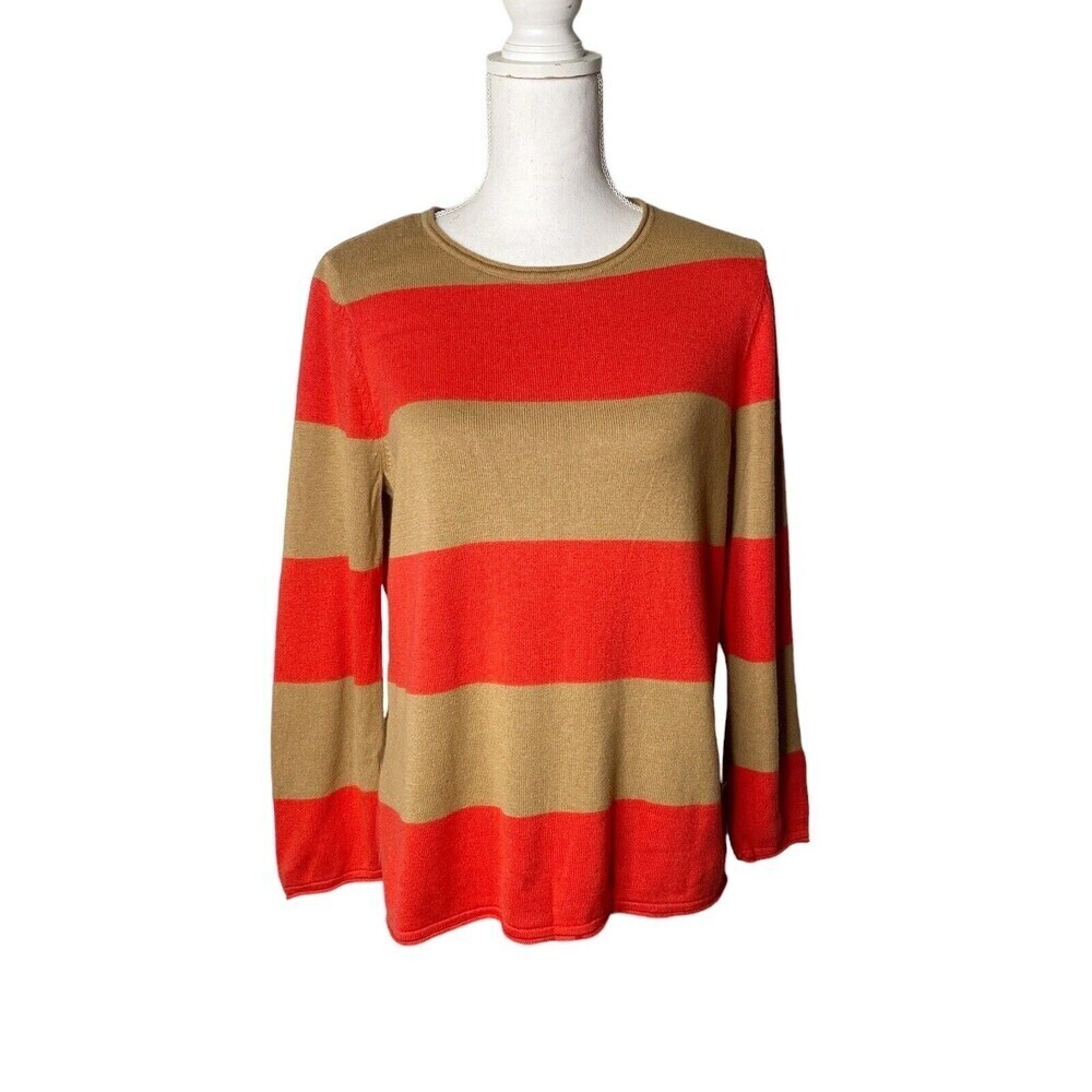 J Jill SZ Medium Petite Brown Red Striped Cashmere Blend Sweater Crew